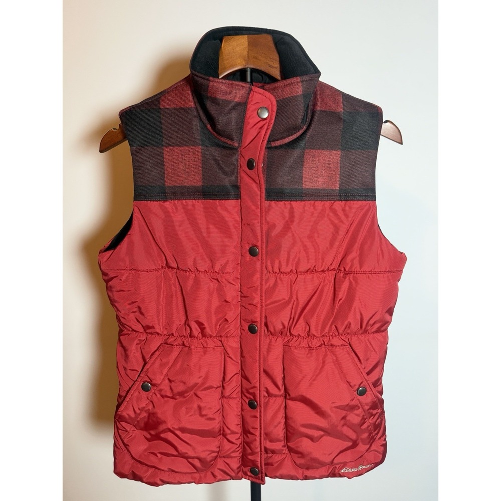 Eddie Bauer Red Buffalo Plaid Puffer Vest‎ Zipper & Snap Buttons Size S (05)